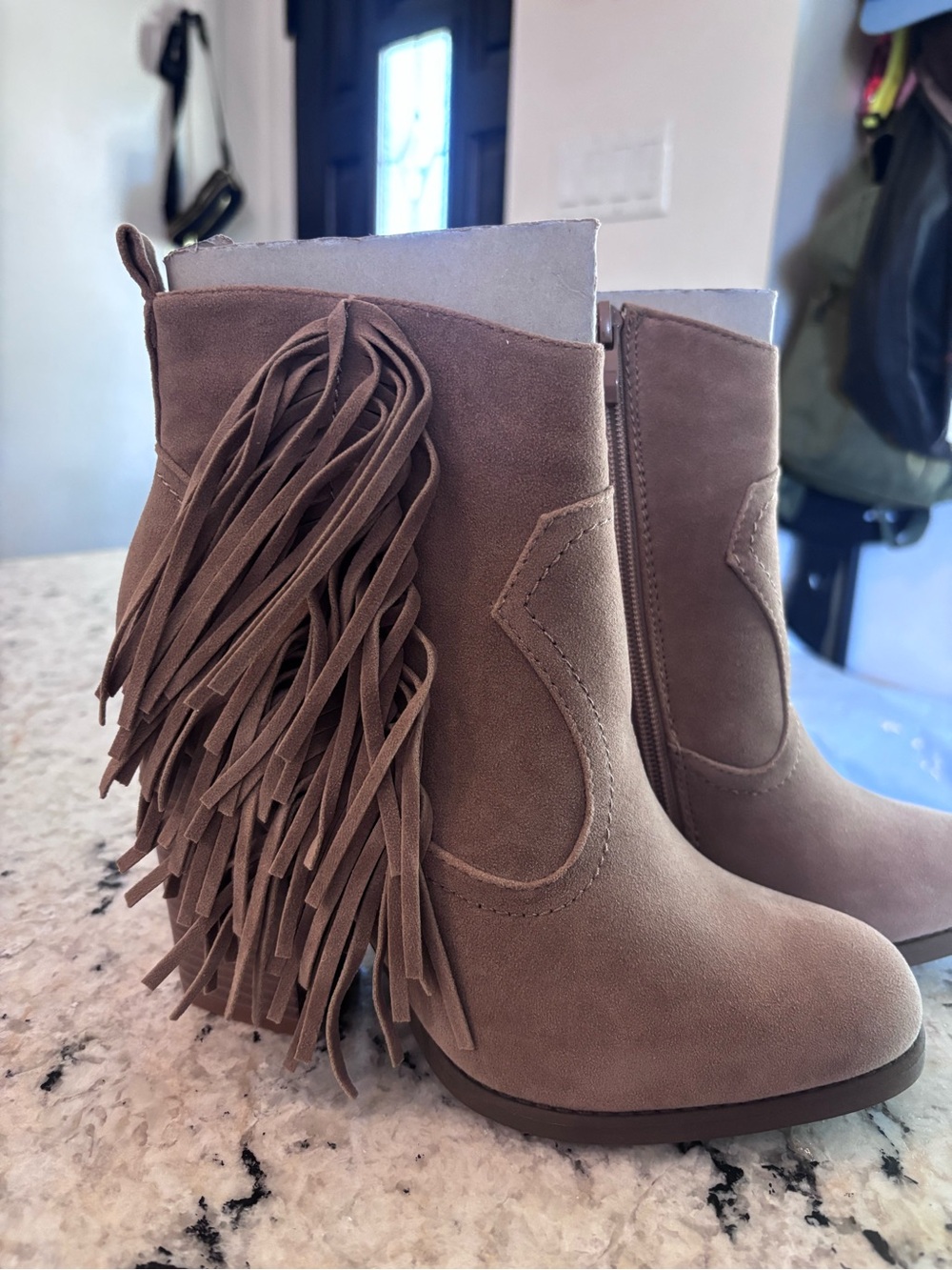 Fringe Suede Ankle Booties in Taupe